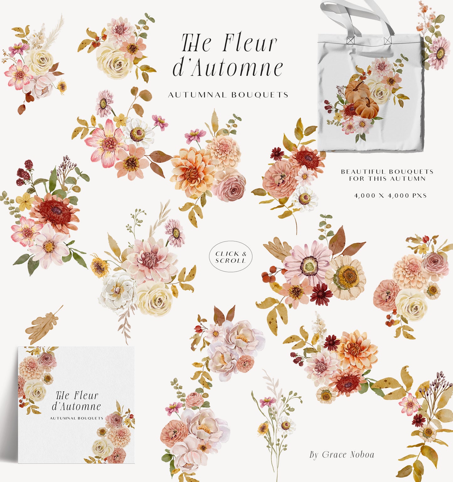 Watercolor Autumn fall flowers clipart