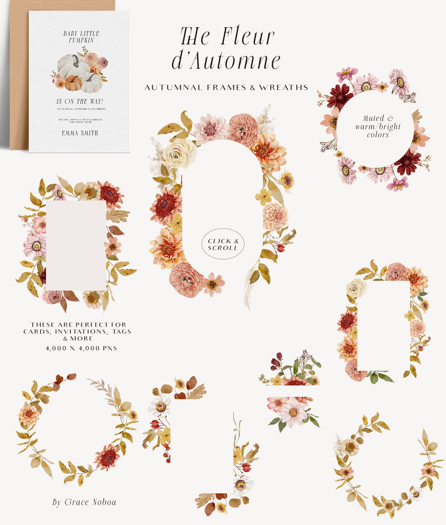 Watercolor Autumn fall flowers clipart