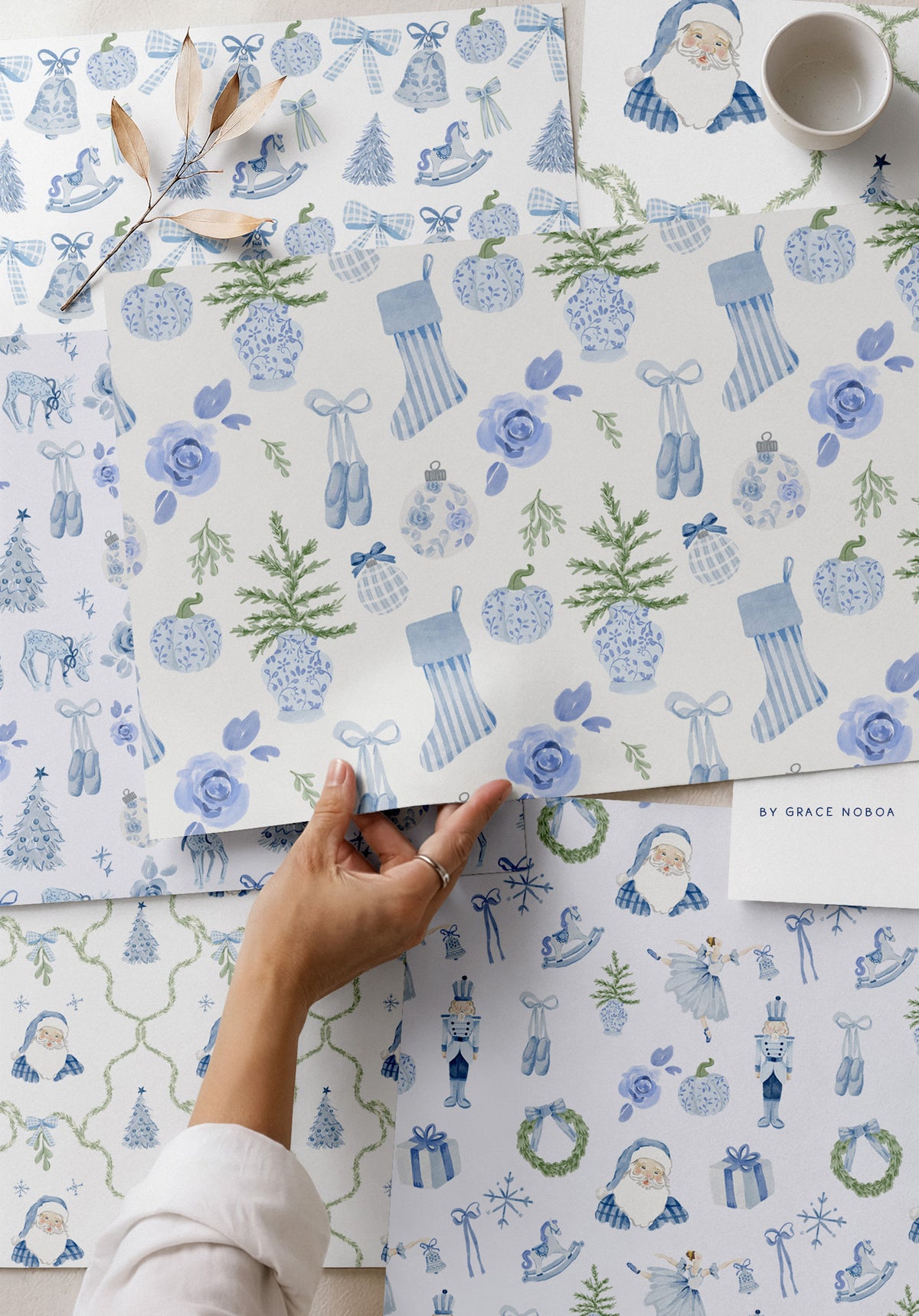 Blue christmas watercolor chinoiserie grandmillenial holiday pattern