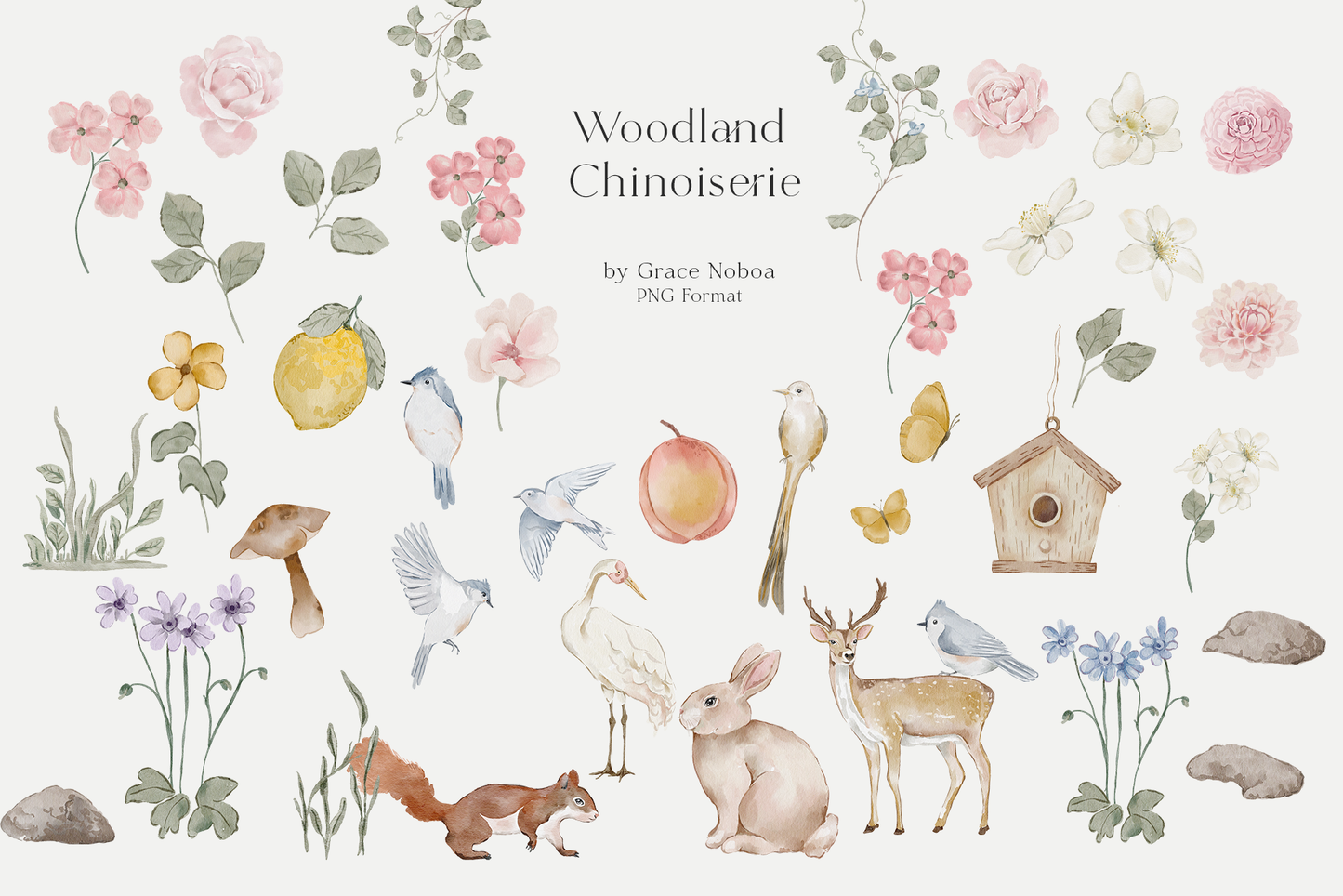 Watercolor woodland chinoiserie collection