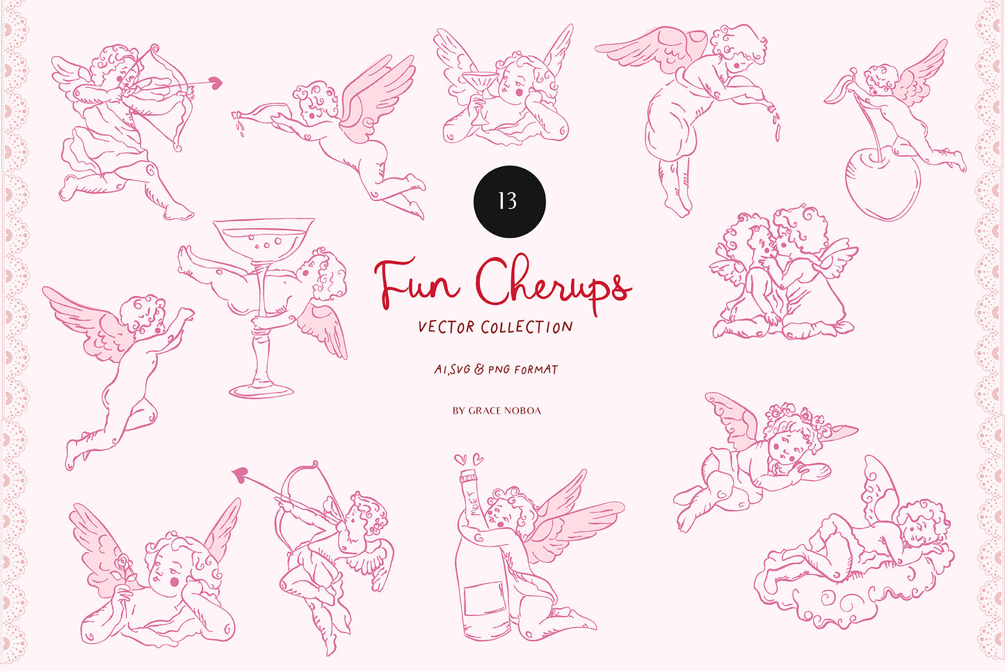 Valentine's day Cherups vintage angel babies, Pink galentines vector illustrations