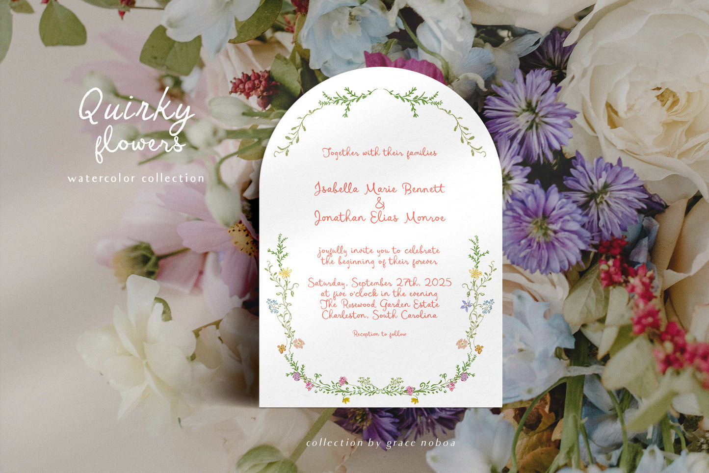 Hand-drawn watercolor quirky whimsy flowers