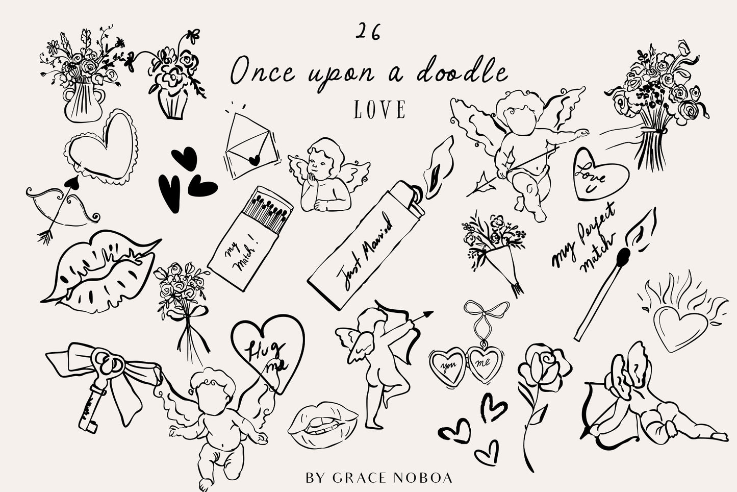 Watercolor Wedding Whimsical doodle line art