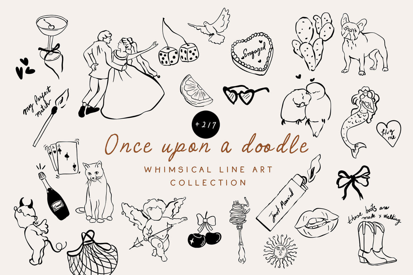 Watercolor Wedding Whimsical doodle line art