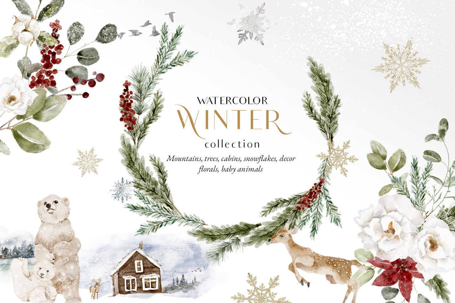Watercolor Christmas winter grennery florals clipart