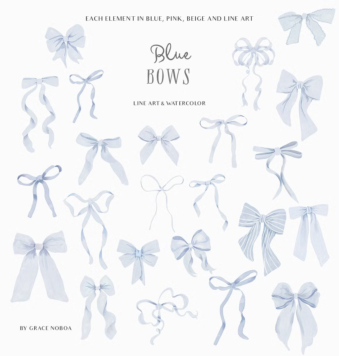 Watercolor Line art Bows Ribbons Set