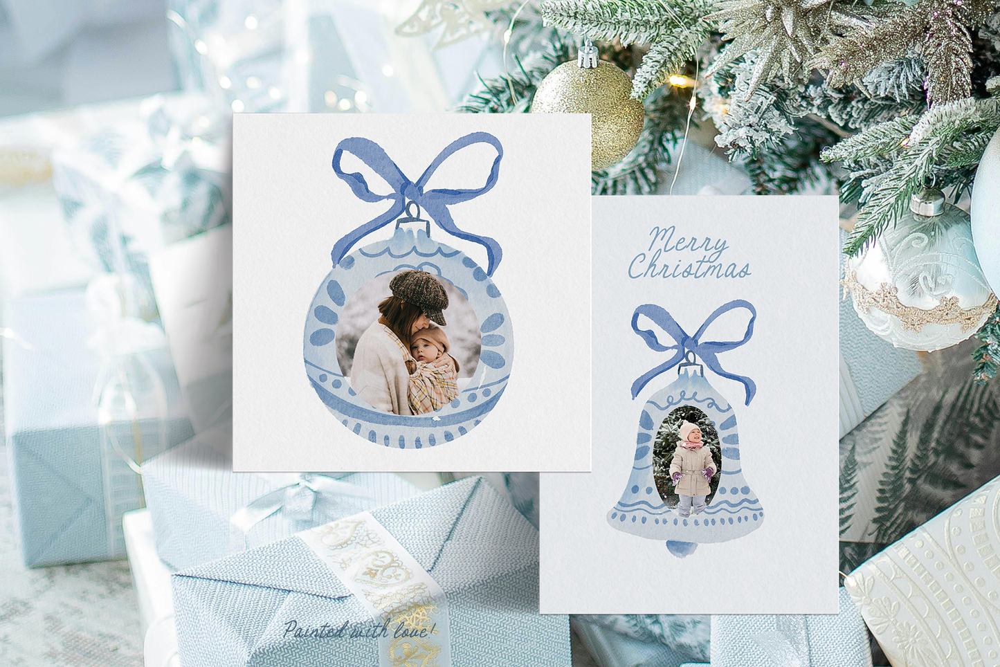Watercolor blue christmas preppy grandmillenial cliparts illustrations for winter
