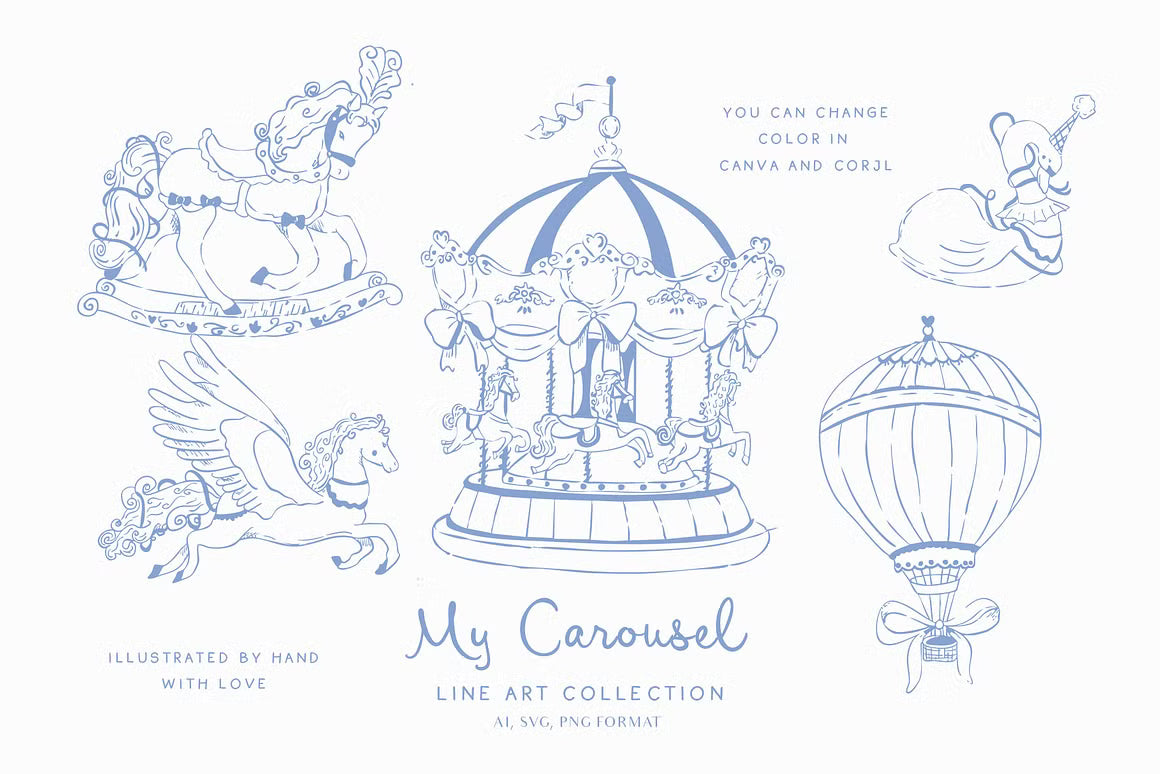My carousel unicorn ballerina circus funhouse vintage Blue Line art