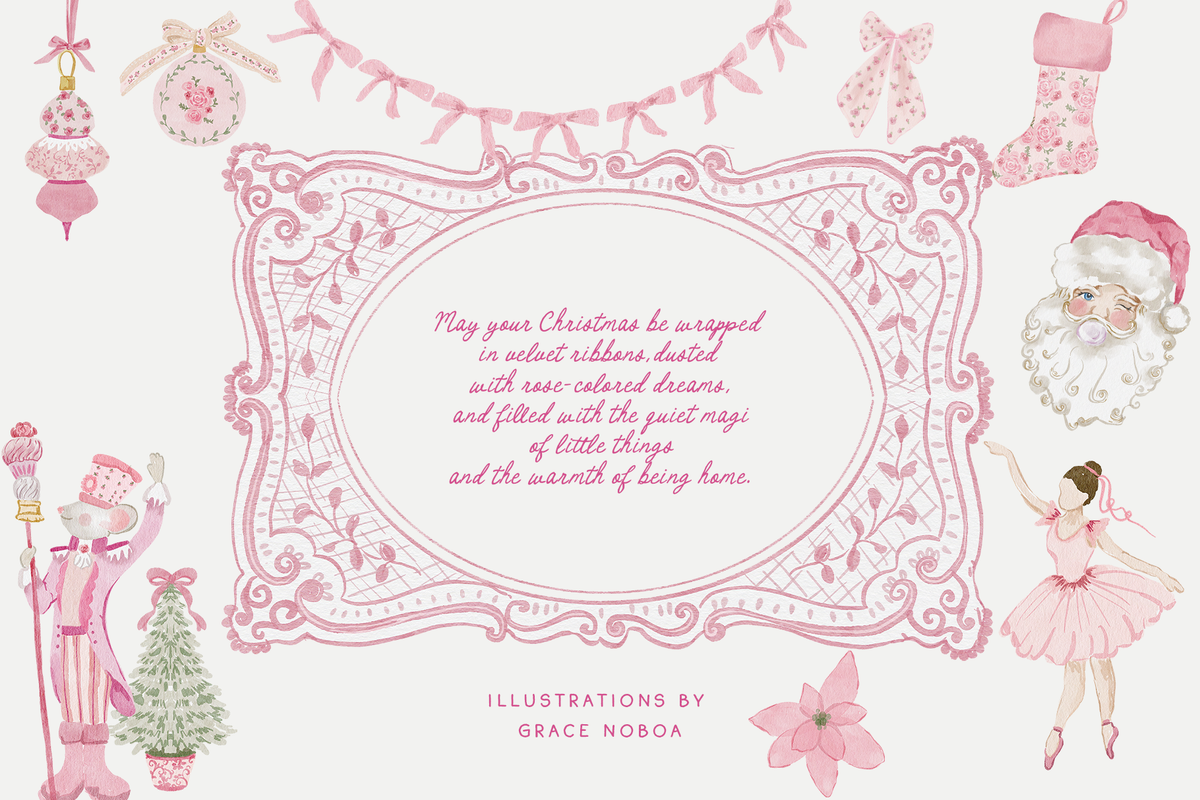 Pink Christmas coquette floral santa claus, grandmillenial holiday