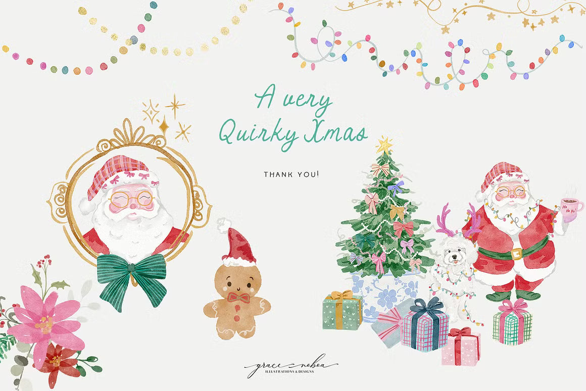 Watercolor whimsical santa claus christmas quirky clipart illustrations