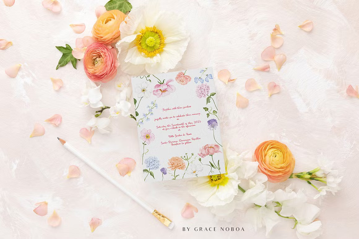 watercolor spring summer garden flowers set
