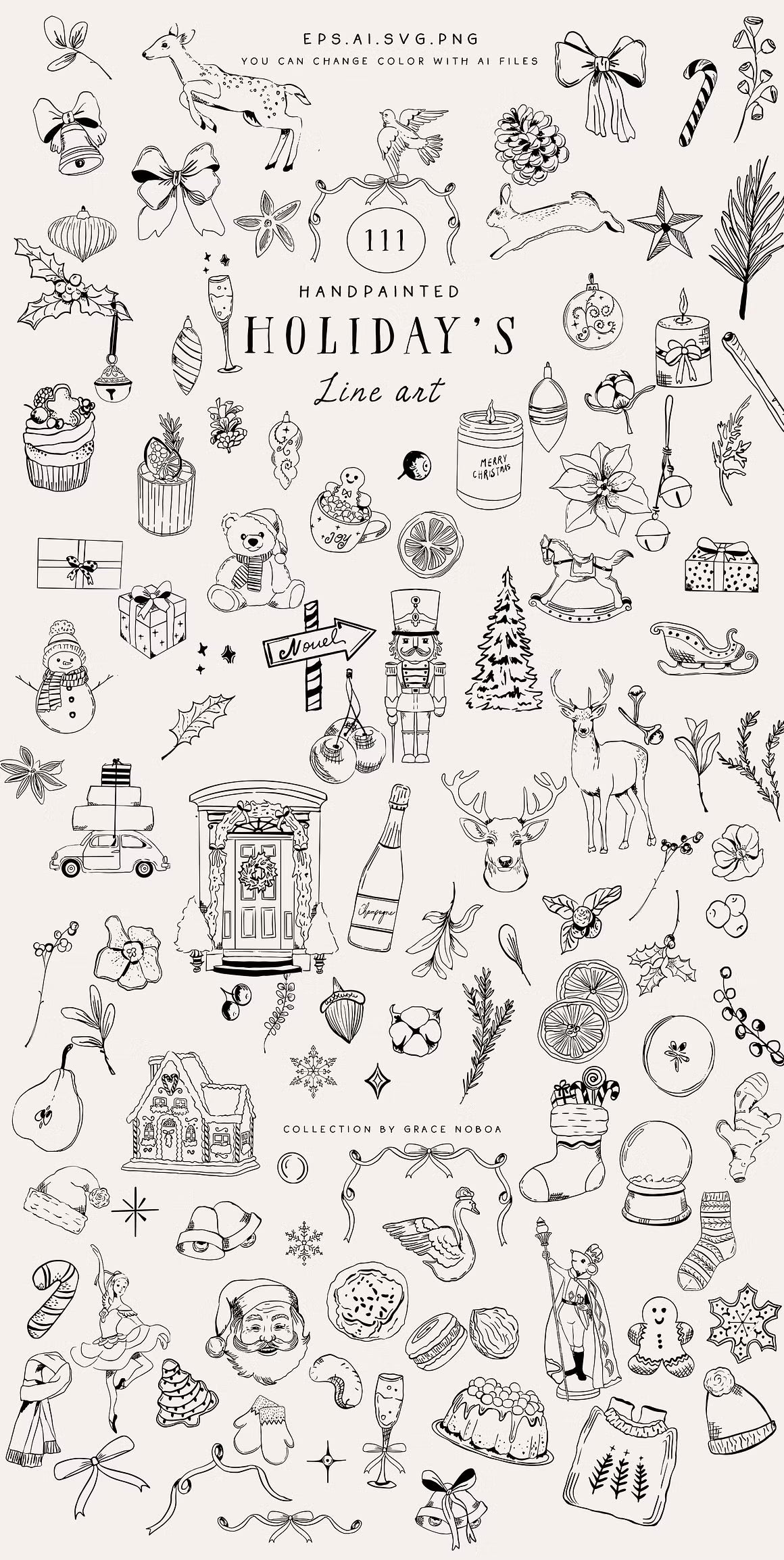 Christmas holiday doodle line art