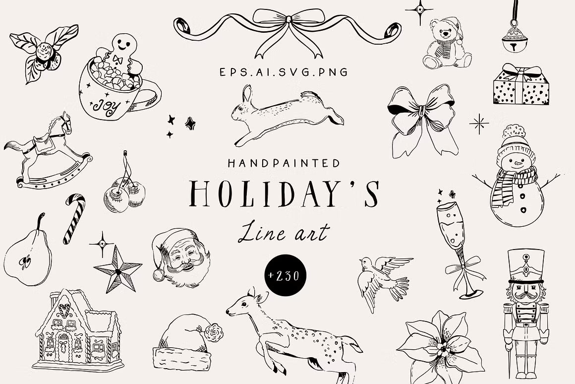 Christmas holiday doodle line art