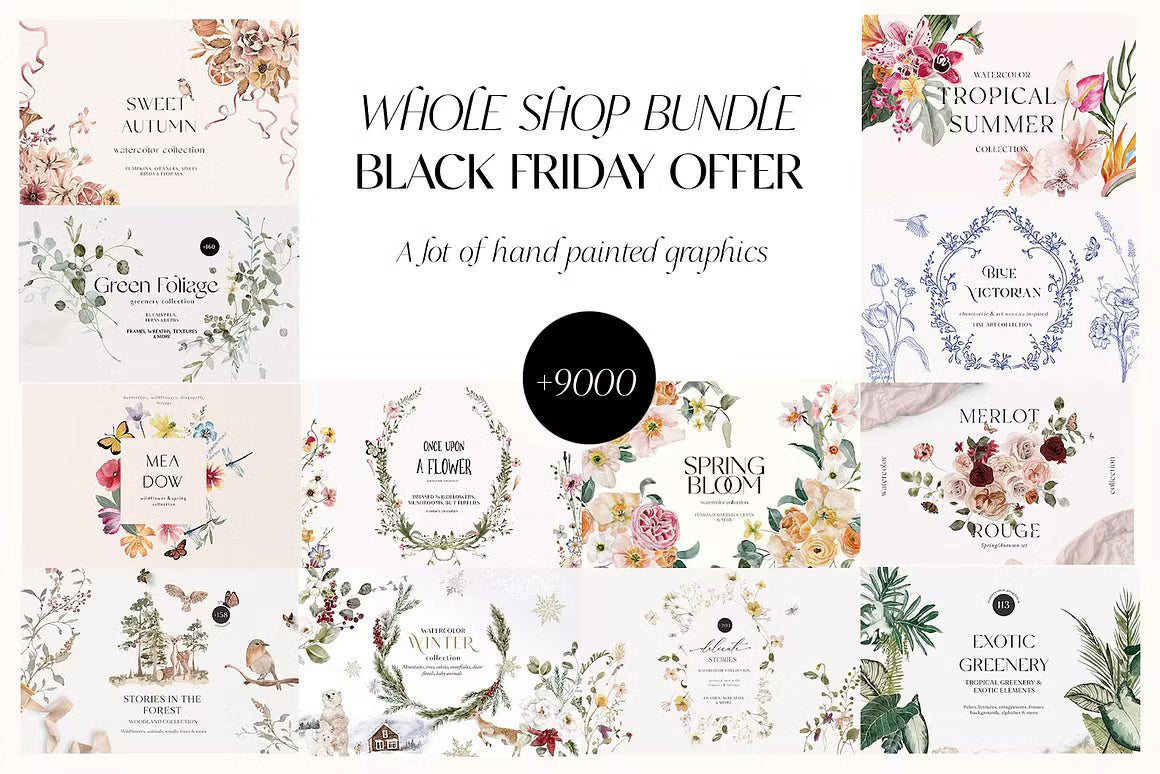 Big WHOLE SHOP ACCESS bundle all time graphics watercolor and line art clipart