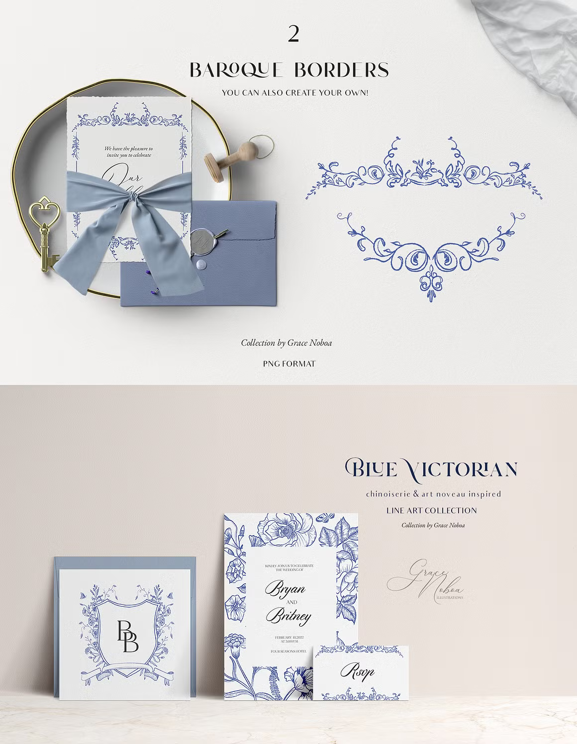Blue Victorian & Chinoiserie line art set