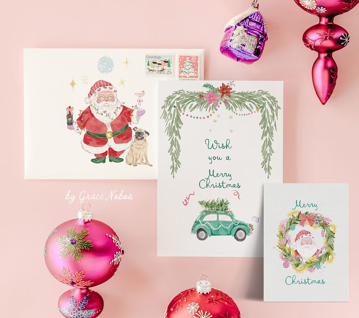Watercolor whimsical santa claus christmas quirky clipart illustrations