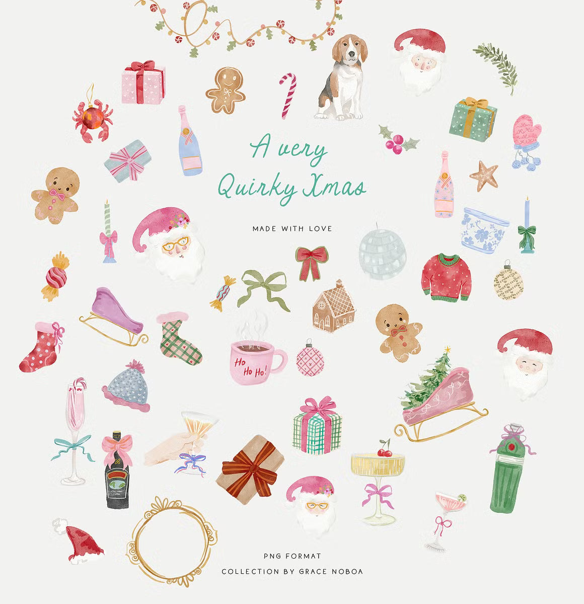 Watercolor whimsical santa claus christmas quirky clipart illustrations