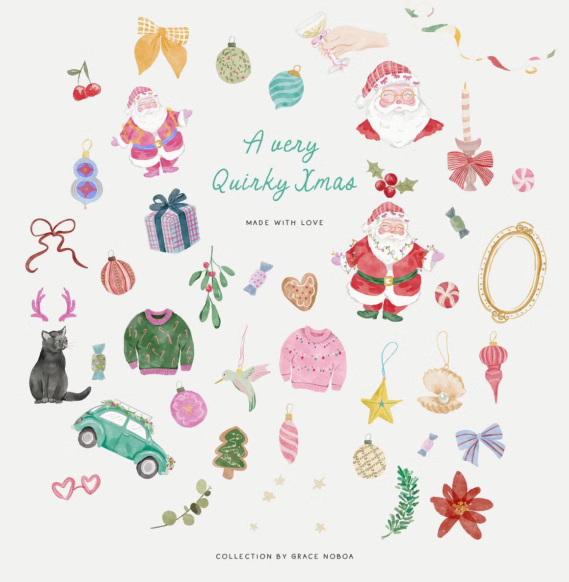 Watercolor whimsical santa claus christmas quirky clipart illustrations