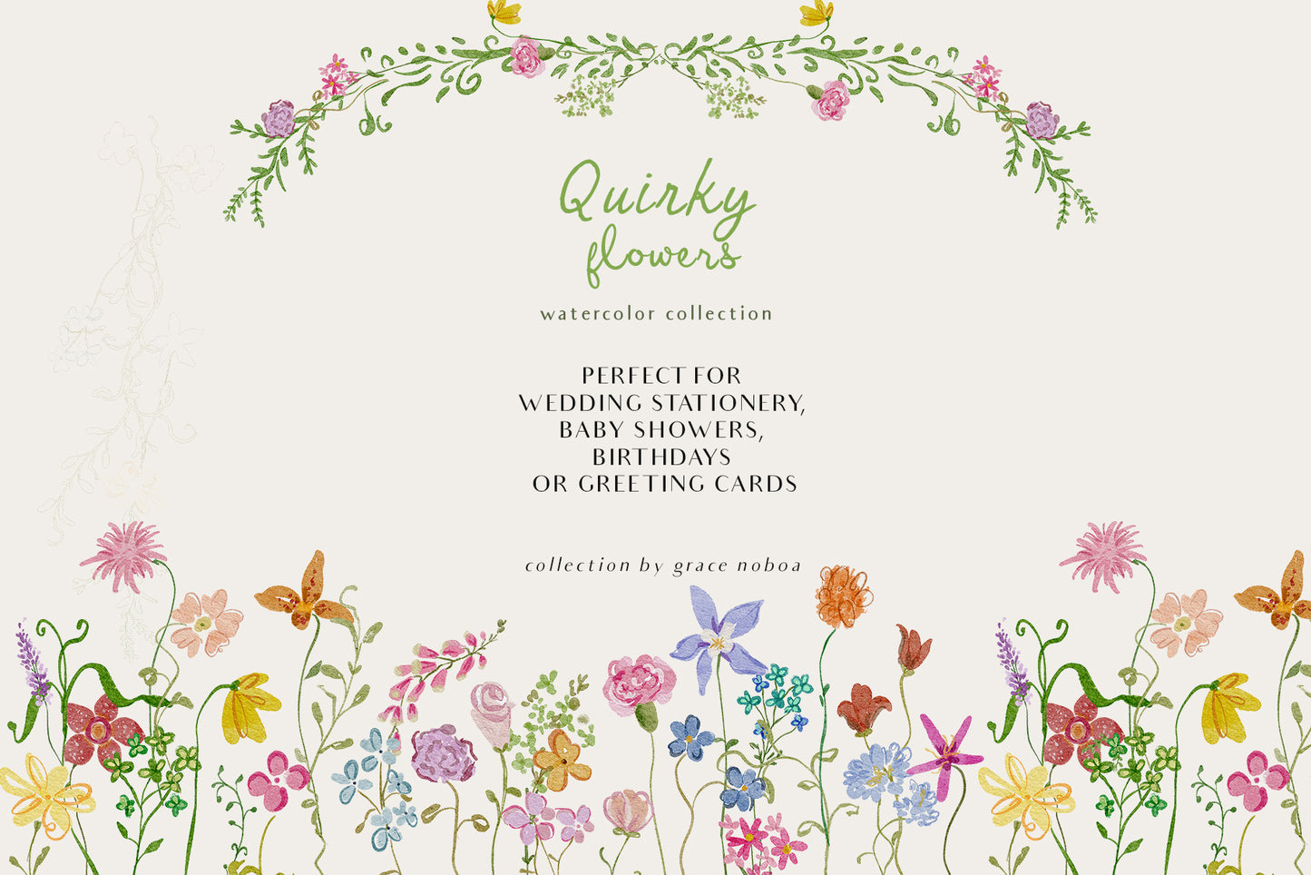 Hand-drawn watercolor quirky whimsy flowers