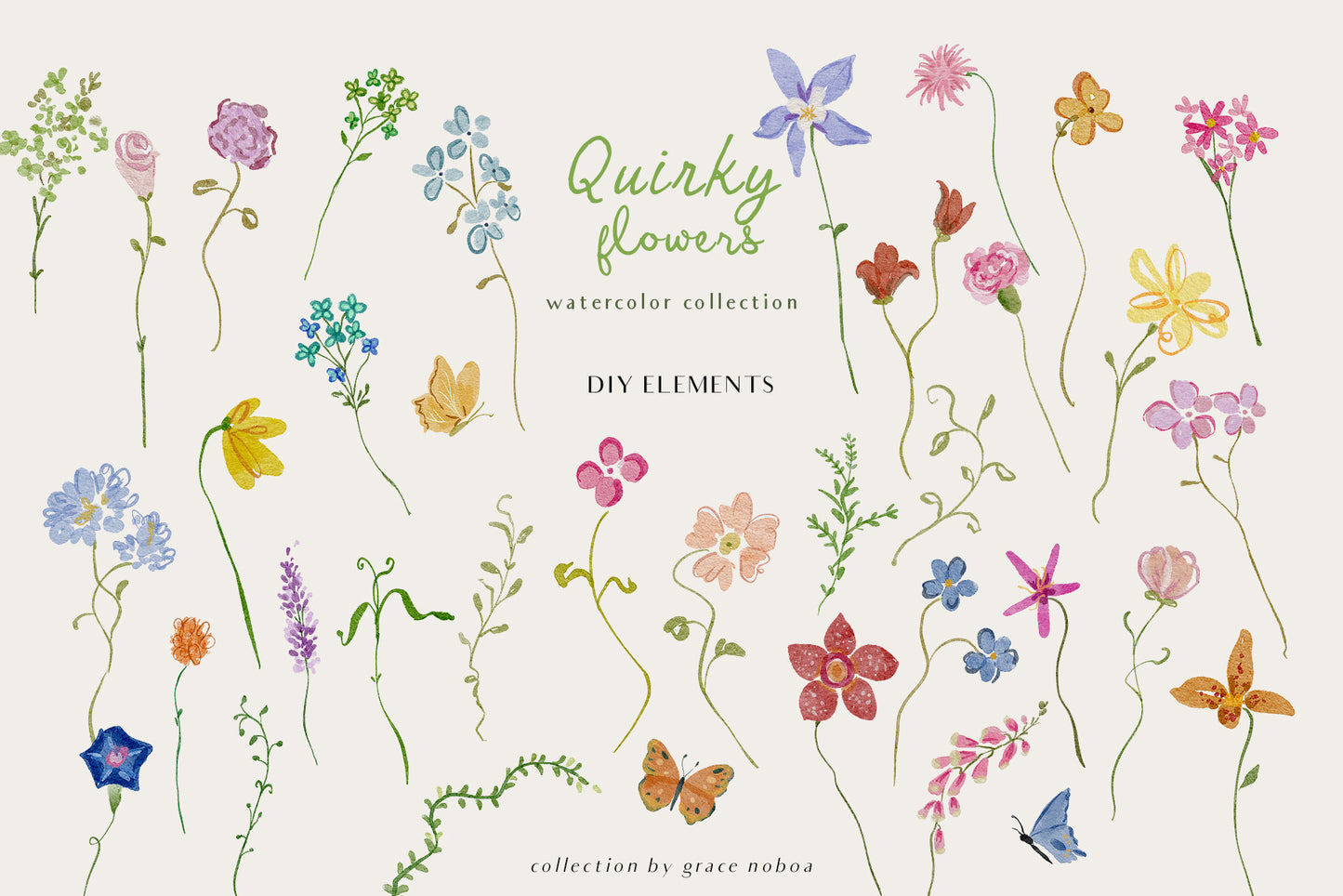 Hand-drawn watercolor quirky whimsy flowers