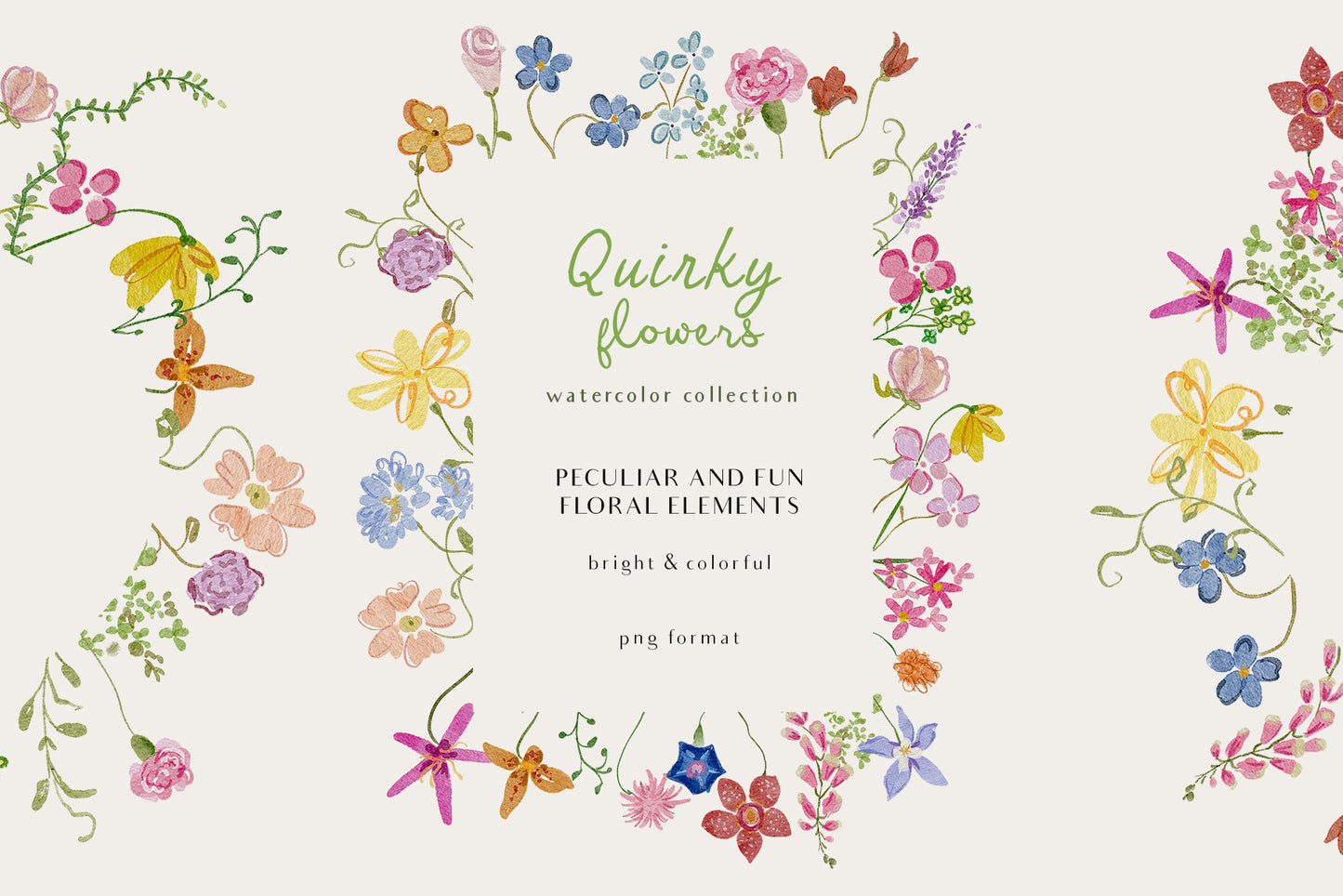 Hand-drawn watercolor quirky whimsy flowers