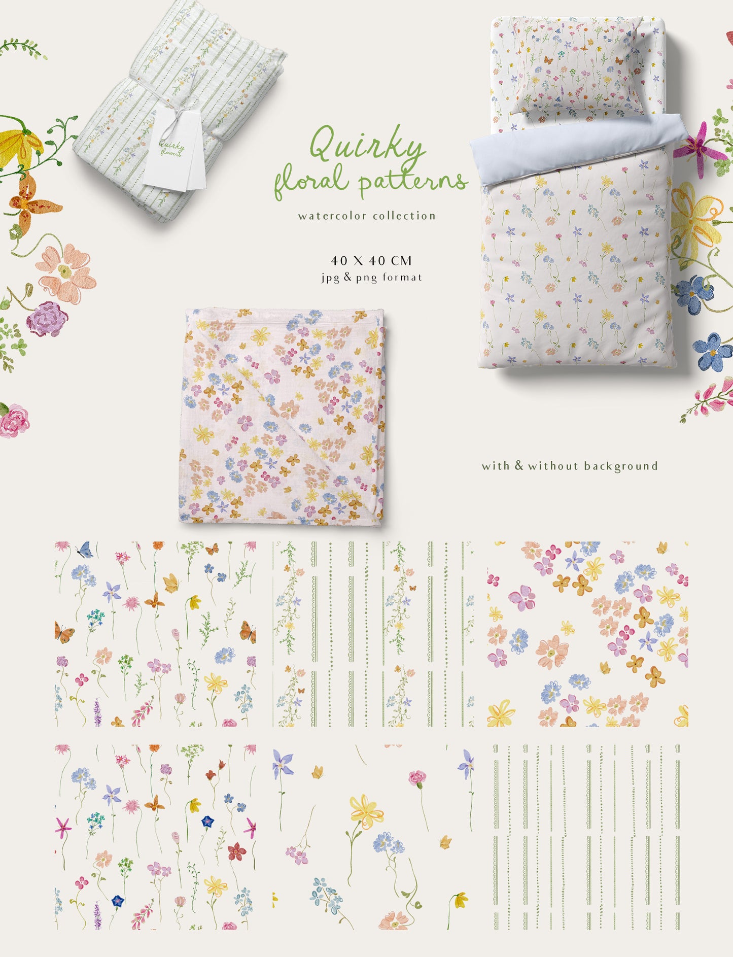 Hand-drawn watercolor quirky whimsy flowers