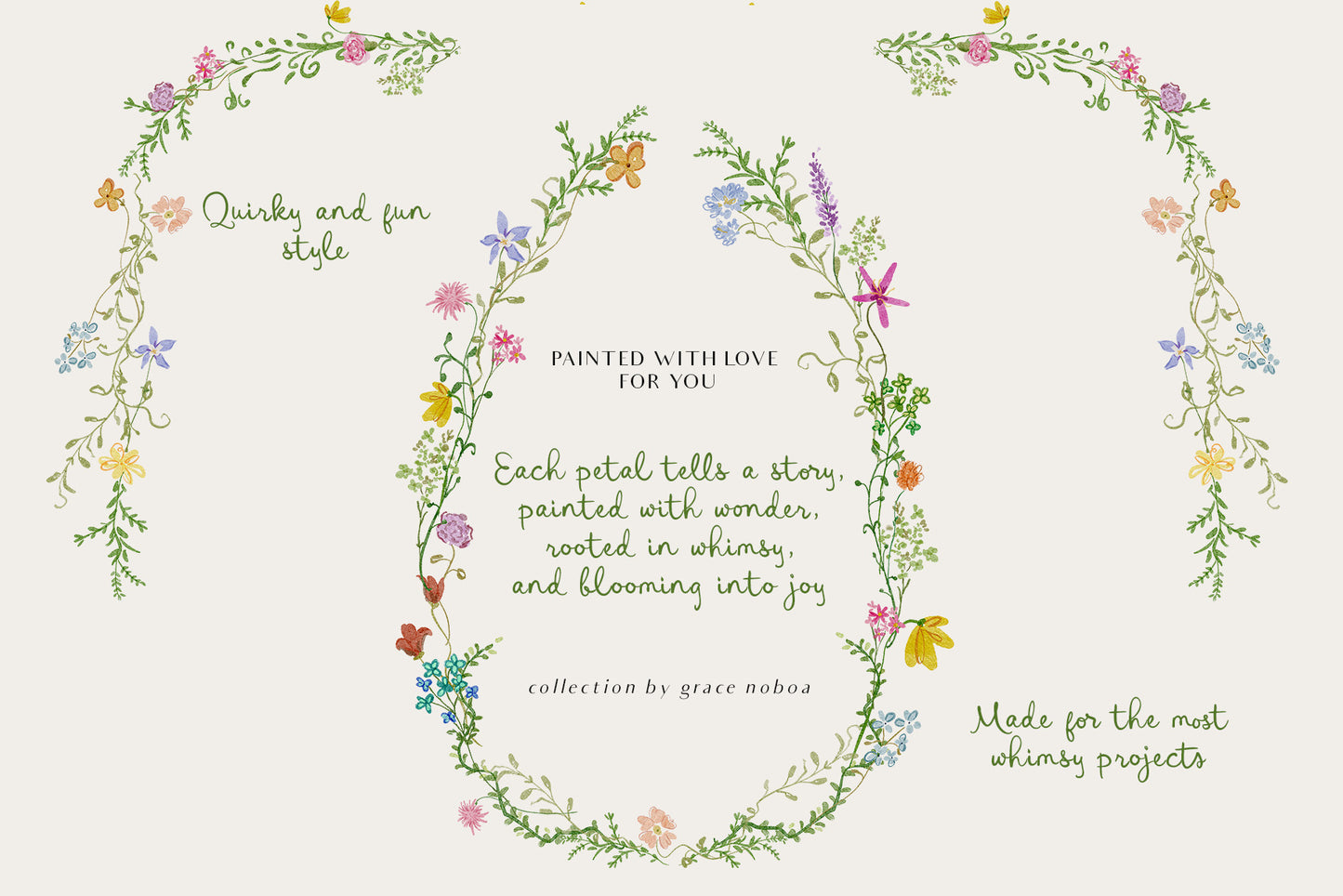 Hand-drawn watercolor quirky whimsy flowers