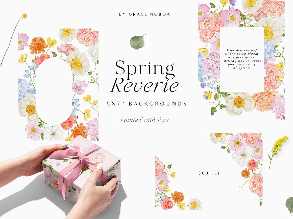 watercolor spring summer garden flowers set