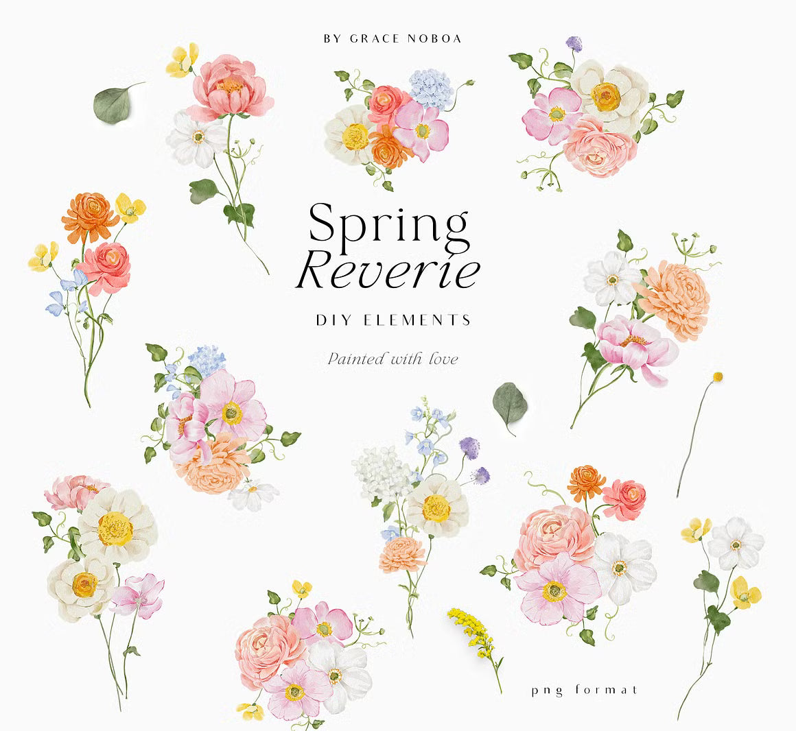 watercolor spring summer garden flowers set