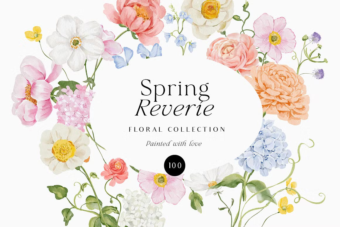 watercolor spring summer garden flowers set