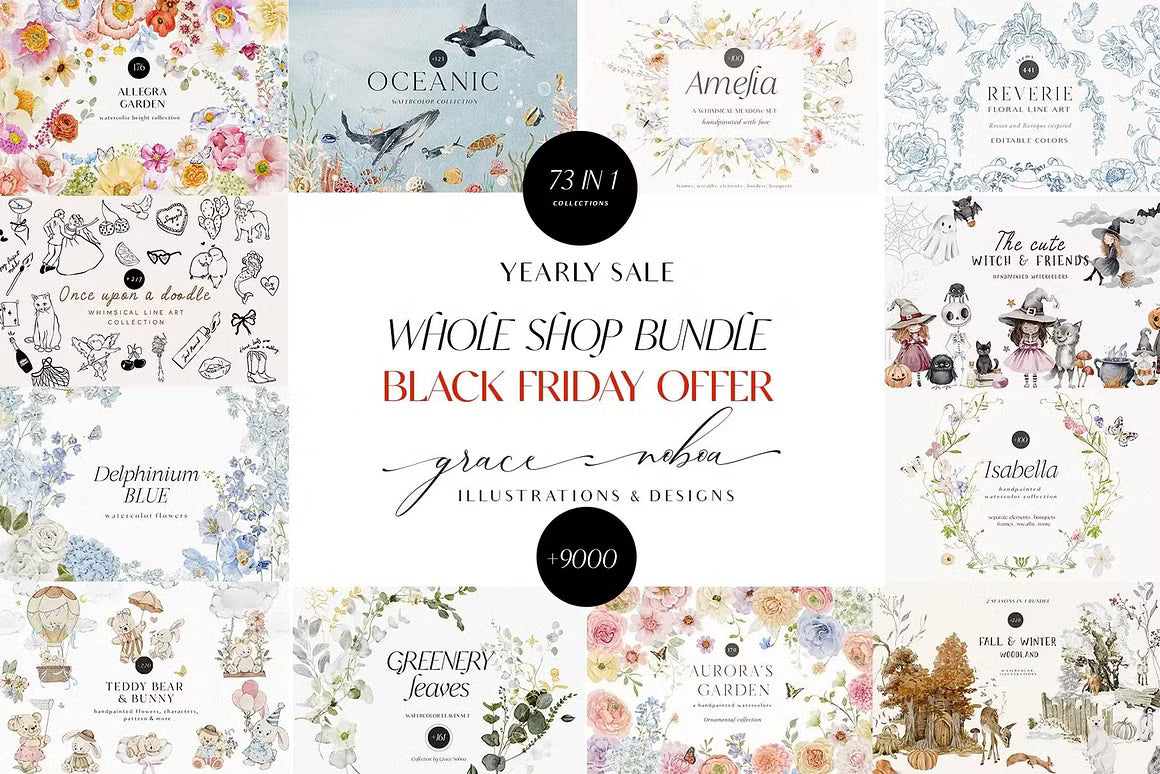 Big WHOLE SHOP ACCESS bundle all time graphics watercolor and line art clipart