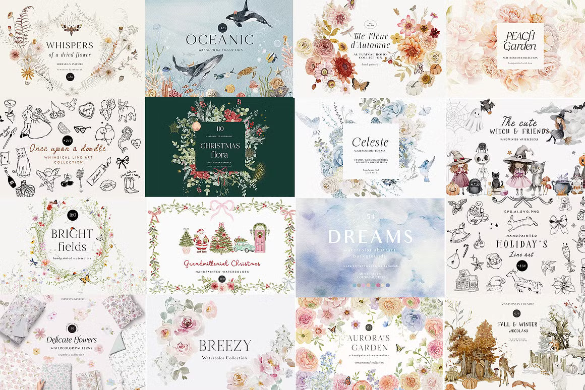 Big WHOLE SHOP ACCESS bundle all time graphics watercolor and line art clipart