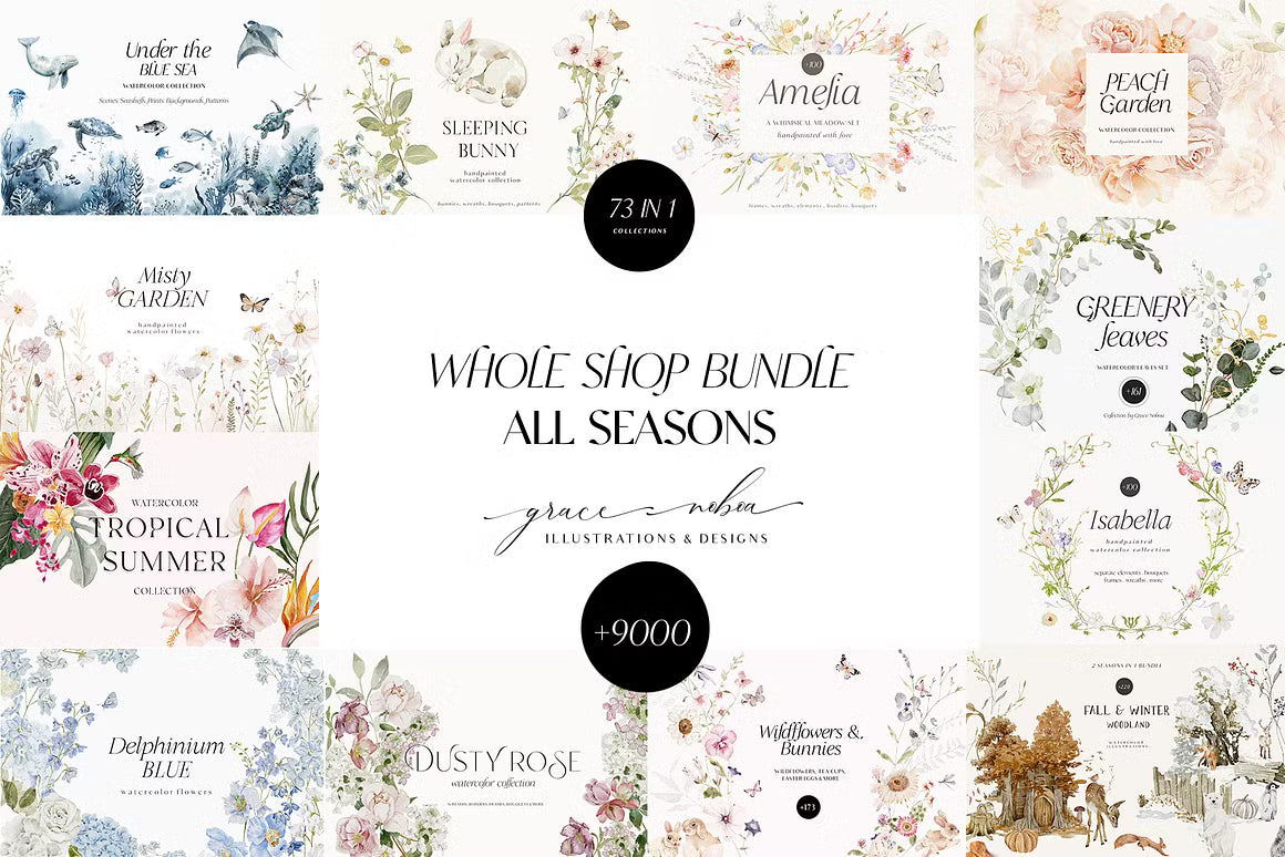 Big WHOLE SHOP ACCESS bundle all time graphics watercolor and line art clipart