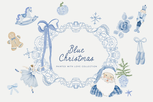 Watercolor blue christmas preppy grandmillenial cliparts illustrations for winter