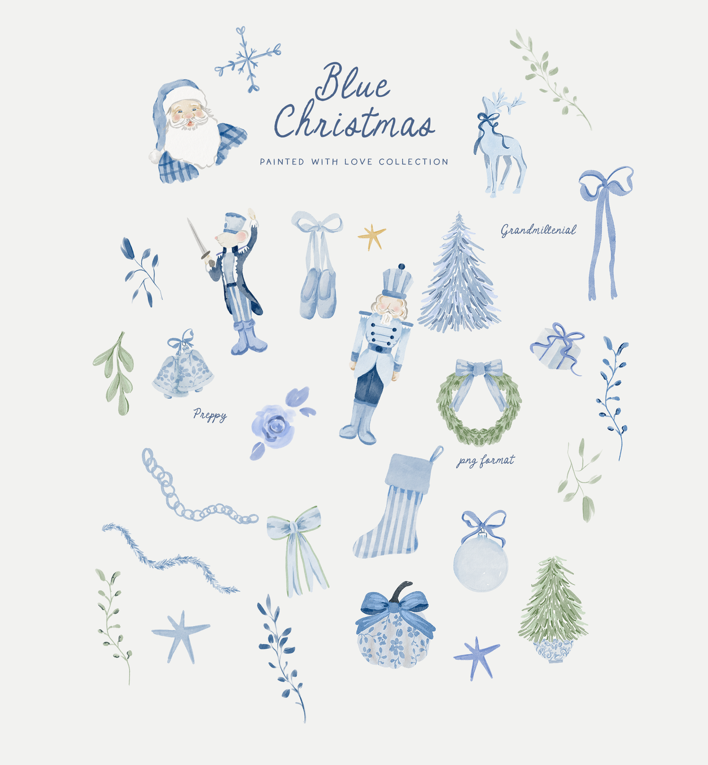 Watercolor blue christmas preppy grandmillenial cliparts illustrations for winter