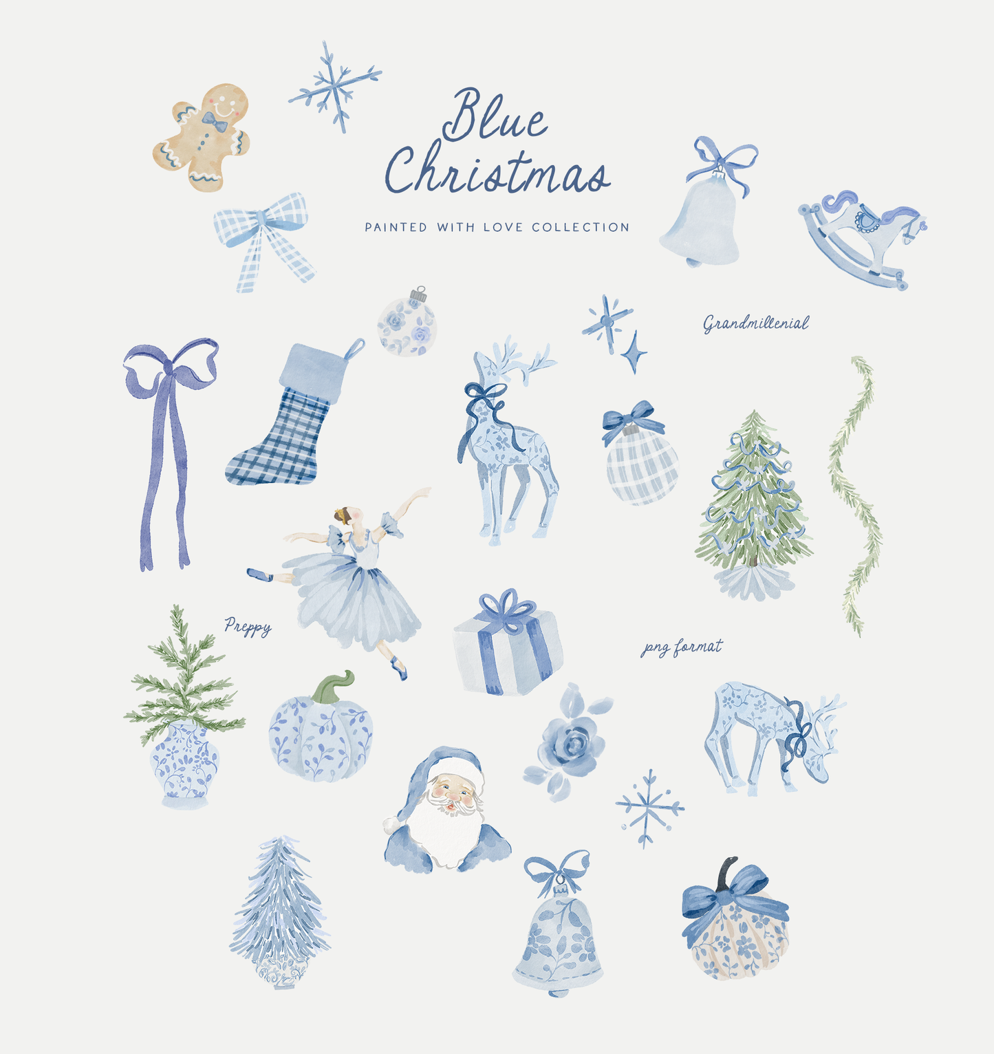 Watercolor blue christmas preppy grandmillenial cliparts illustrations for winter