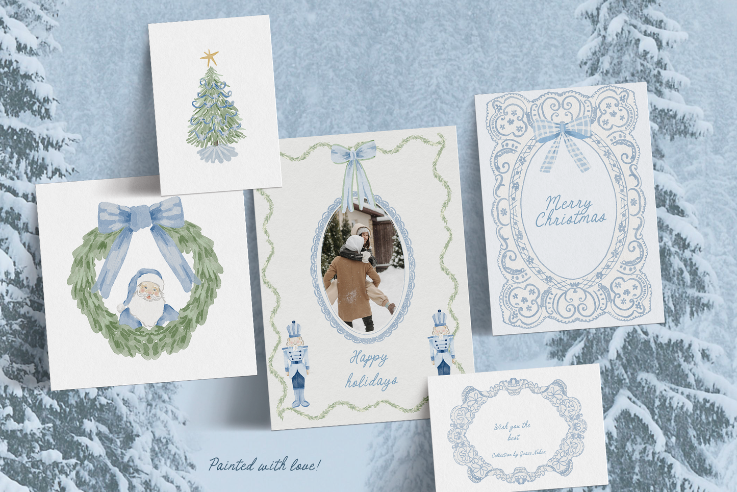Watercolor blue christmas preppy grandmillenial cliparts illustrations for winter