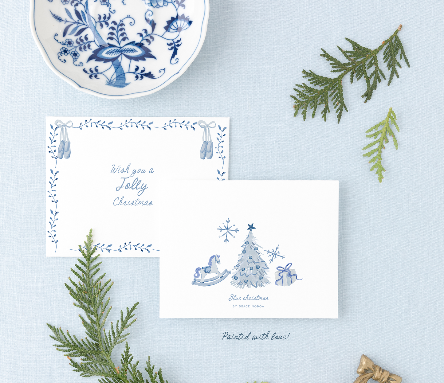 Watercolor blue christmas preppy grandmillenial cliparts illustrations for winter