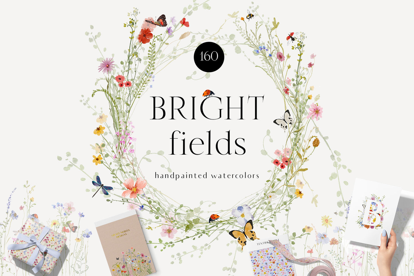 Watercolor Bright wildflowers fields colorful flowers clipart