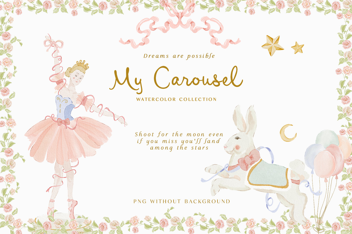 Watercolor Carousel unicorn ballerina pink circus swan clipart