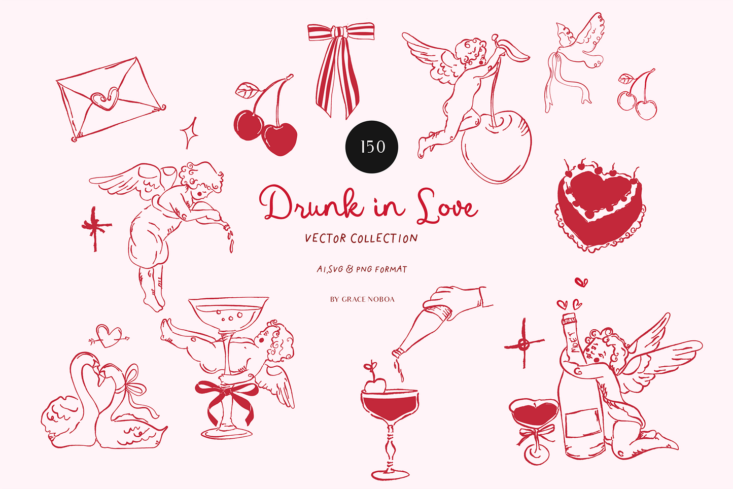 Valentine's day Cherups vintage angel babies, Pink galentines vector illustrations