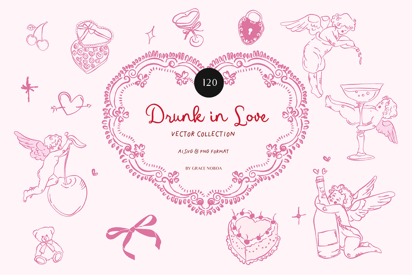 Valentine's day Cherups vintage angel babies, Pink galentines vector illustrations