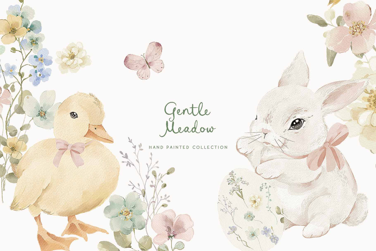 Easter watercolor cottagecore Bunny Spring wildflower meadow set