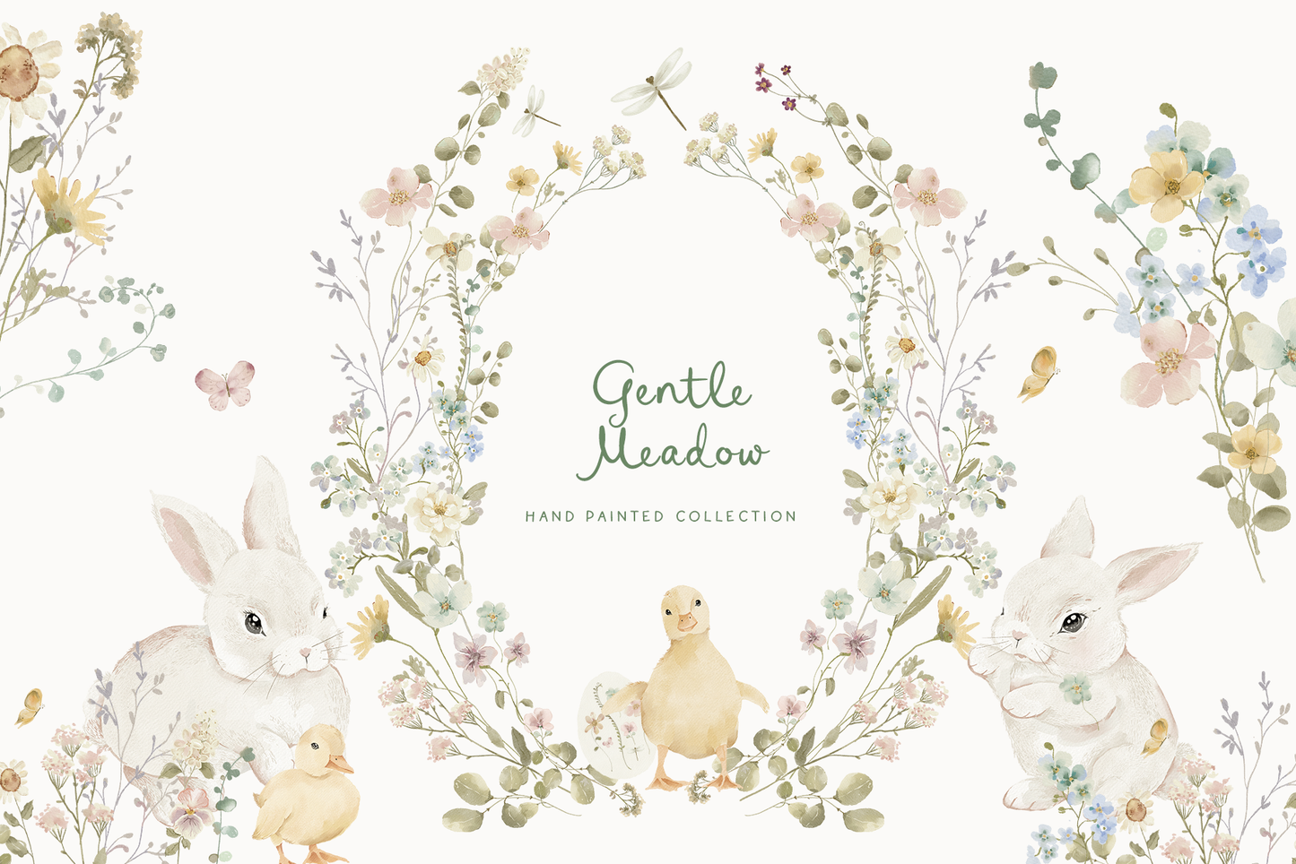 Easter watercolor cottagecore Bunny Spring wildflower meadow set