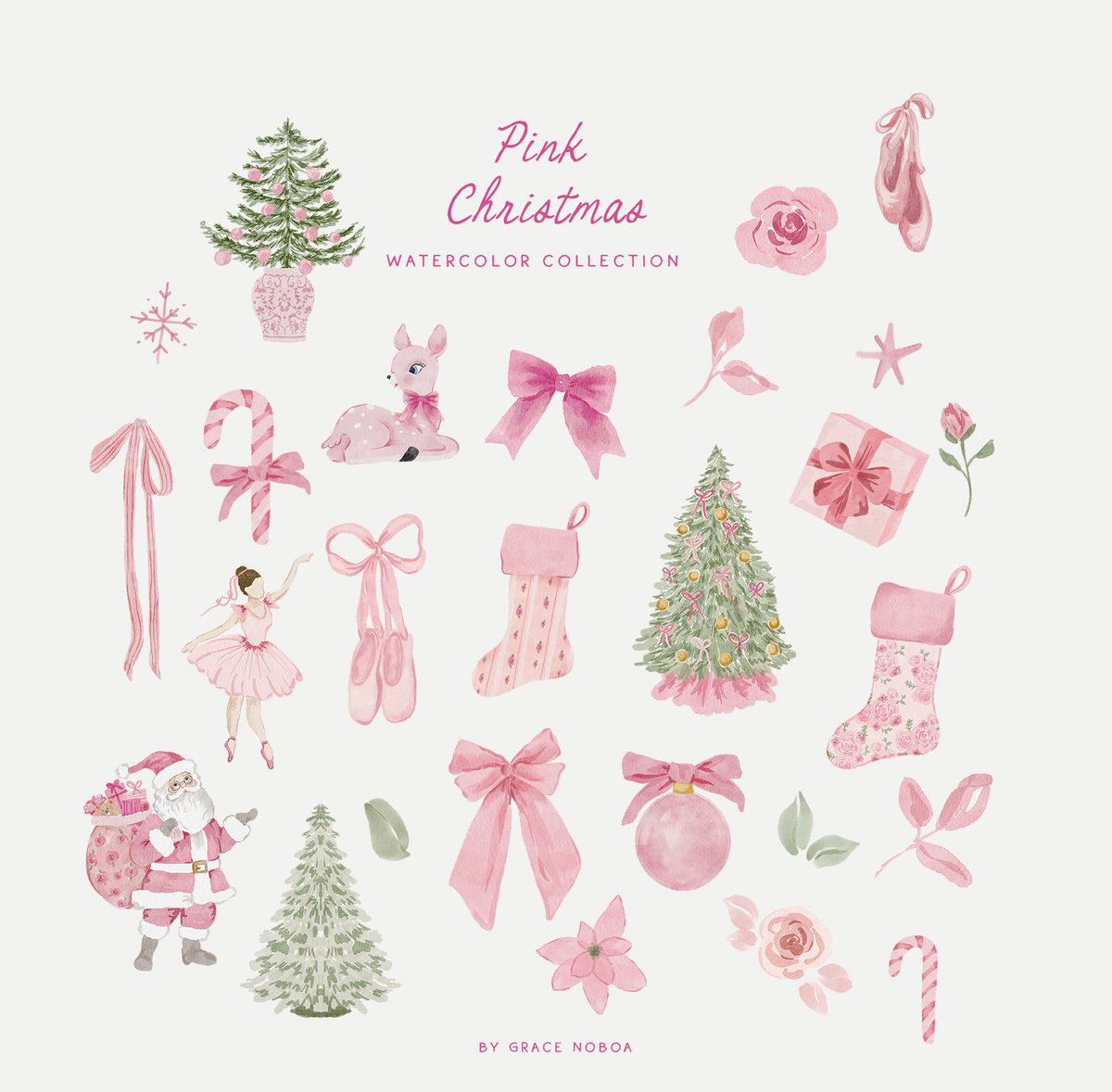 Pink Christmas coquette floral santa claus, grandmillenial holiday