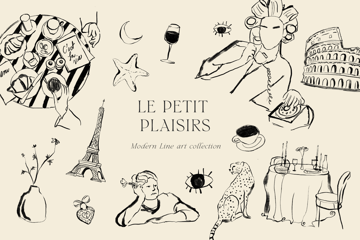 Line art ink dolce vita chalk illustrations clipart