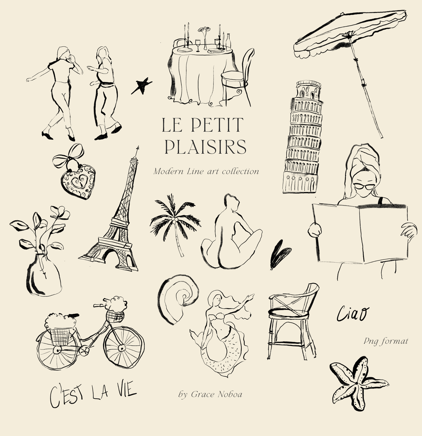 Line art ink dolce vita chalk illustrations clipart