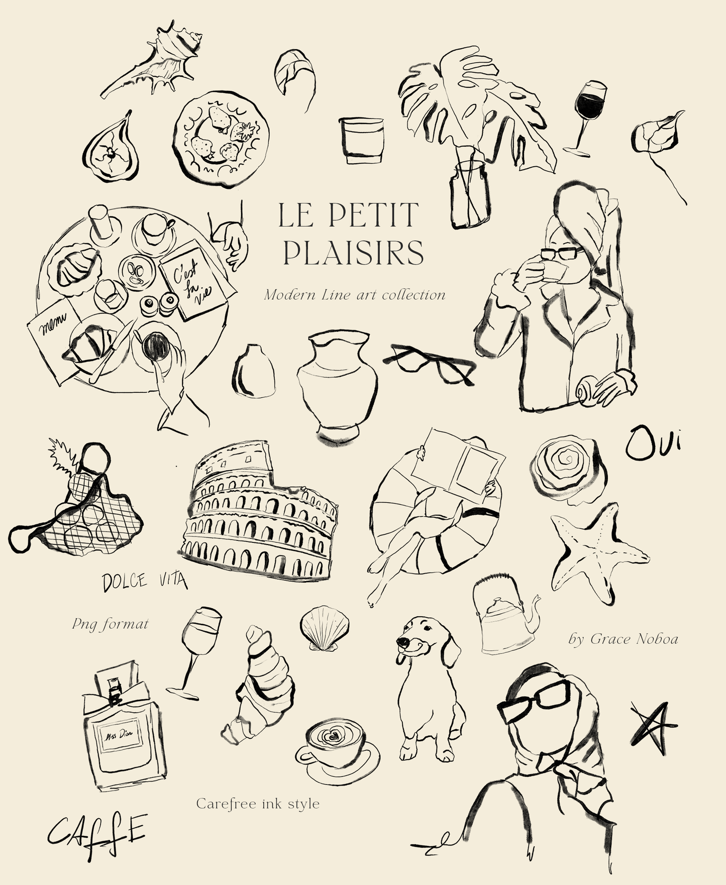Line art ink dolce vita chalk illustrations clipart
