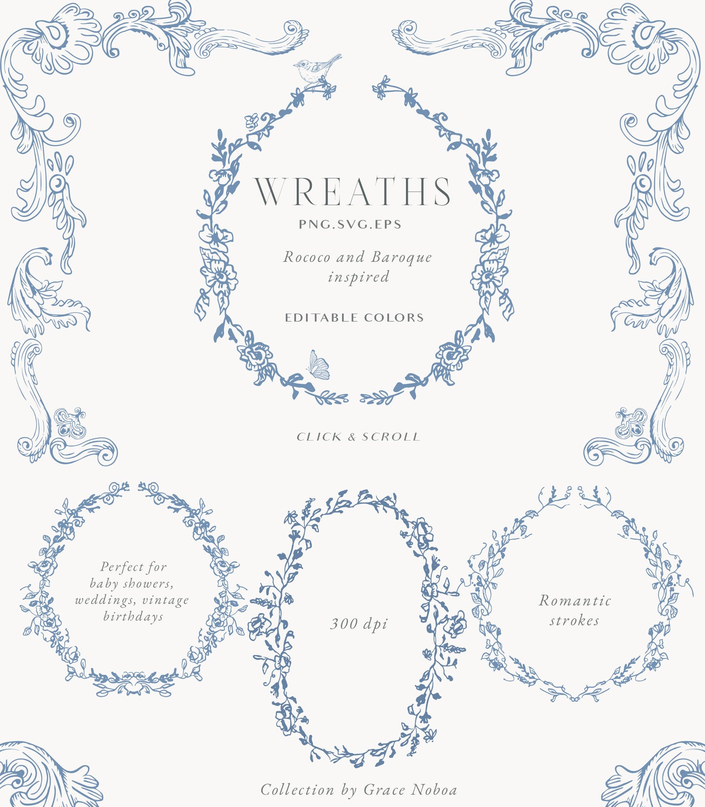 Blue Victorian Vintage Fine Line Art vector clipart