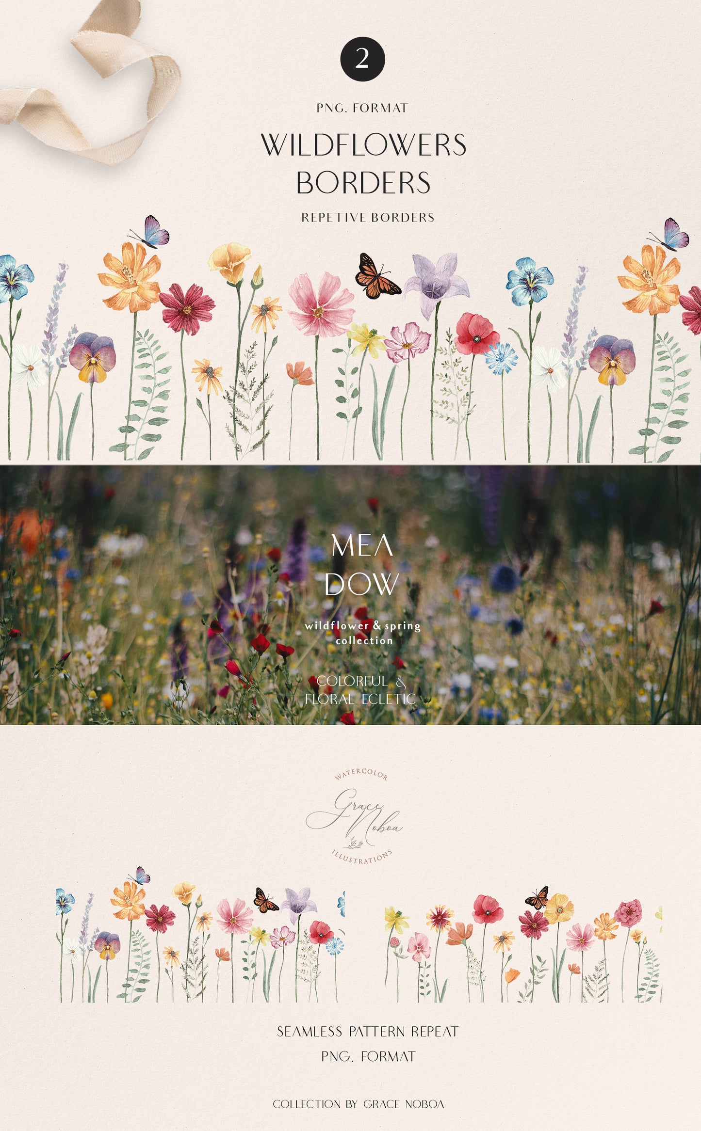 Meadow bright wild flowers watercolor clipart set